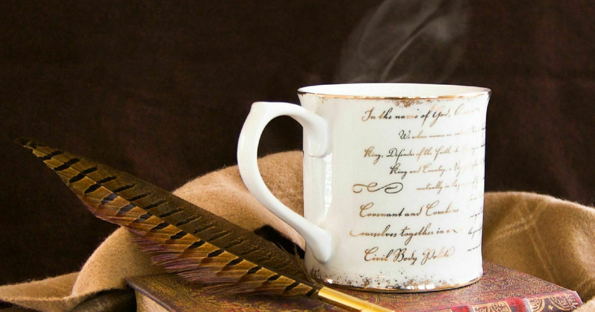 Mayflower compact mug with quill and book